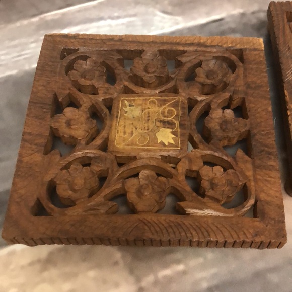 Lot of 2 Vtg Hand Carved Wooden Trivet Inlay Design made in INDIA Boho Style 6x6 - Picture 2 of 5